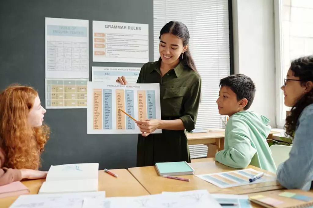 professora com alunos em aula de inglês