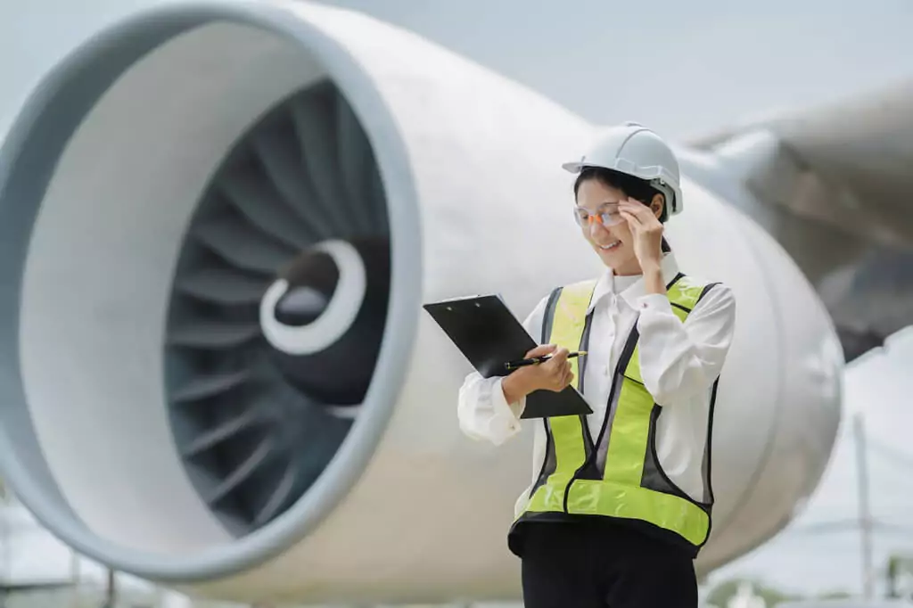 engenheira em frente à avião