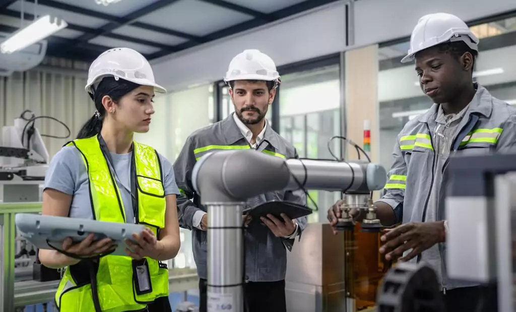 engenheiros fazendo projeto de braço robótico