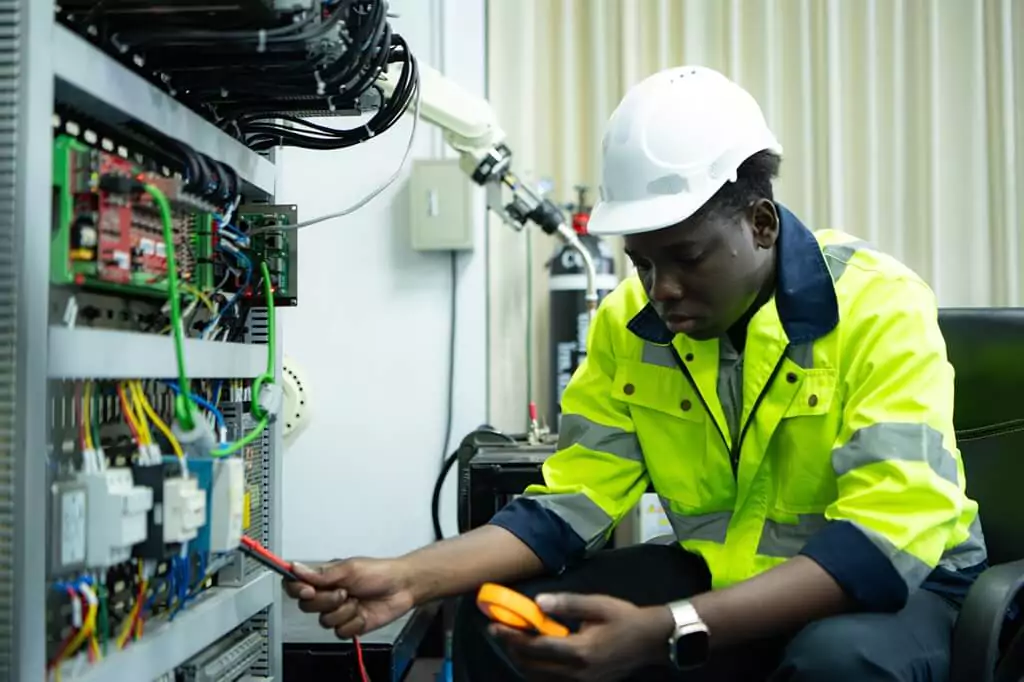 homem analisando circuito elétrico