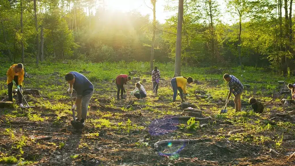 pessoas plantando ou limpando área florestal