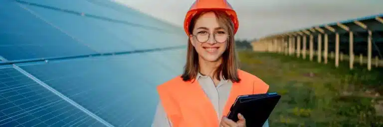 engenheira com tablet em campo de energia solar